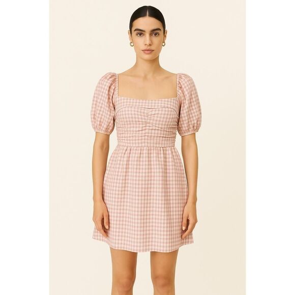 Reformation Zula Linen Dress pink check size US10 - Picture 1 of 11